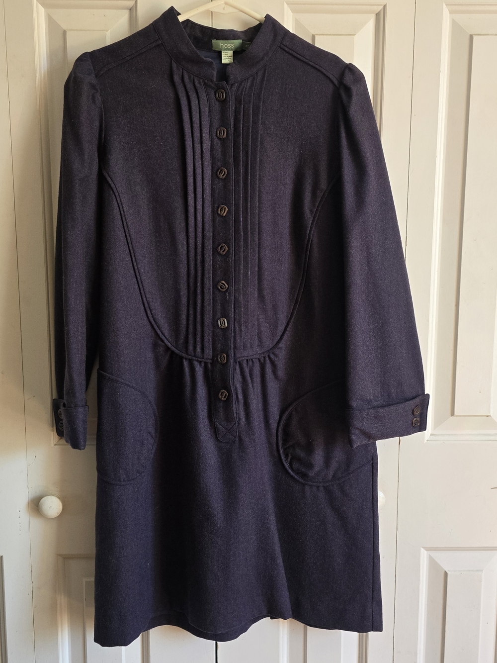 Navy Wool Blend Button-Front Dress